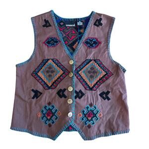 VINTAGE x Men Womens Boho Aztec Native Western Blue Red Brown 90s Vest SZ S